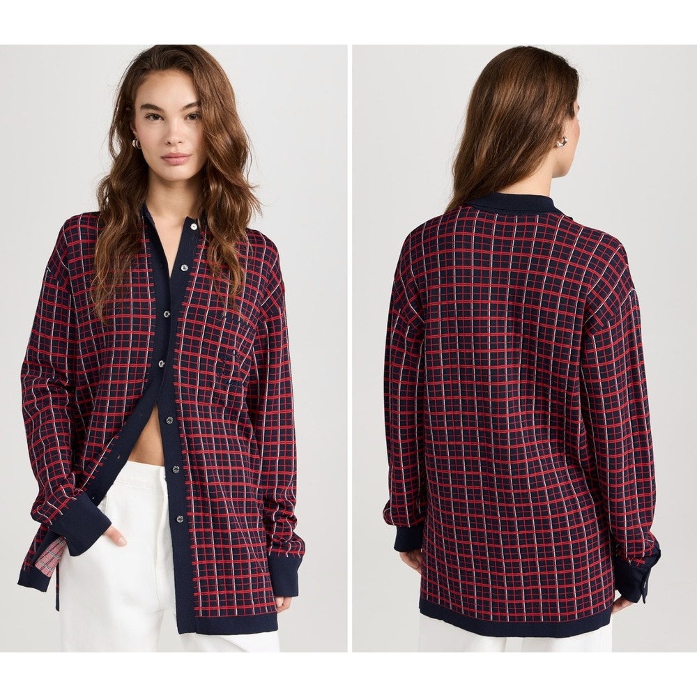 Simon Miller Oversized Blaz Jacket Red Navy Plaid Button Down Sweater Knit XS